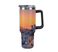 40 Oz Insulated Water Bottle with Handle, Greece Island Sunset Landscape Printed Double Wall Travel Reusable Thermos, Leak-Proof Cup, Keeps Water Hot Or Cold
