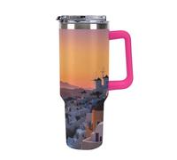 40 Oz Insulated Water Bottle with Handle, Greece Island Sunset Landscape Printed Double Wall Travel Reusable Thermos, Leak-Proof Cup, Keeps Water Hot Or Cold