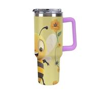 40 Oz Insulated Water Bottle with Handle, Happy Bee Printed Double Wall Travel Reusable Thermos, Leak-Proof Cup, Keeps Water Hot Or Cold