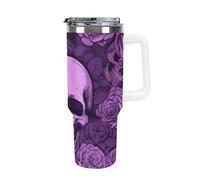 40 Oz Insulated Water Bottle with Handle, Purple Skulls and Roses Printed Double Wall Travel Reusable Thermos, Leak-Proof Cup, Keeps Water Hot Or Cold