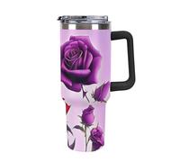 40 Oz Insulated Water Bottle with Handle, Red and Purple Roses Printed Double Wall Travel Reusable Thermos, Leak-Proof Cup, Keeps Water Hot Or Cold