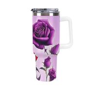 40 Oz Insulated Water Bottle with Handle, Red and Purple Roses Printed Double Wall Travel Reusable Thermos, Leak-Proof Cup, Keeps Water Hot Or Cold
