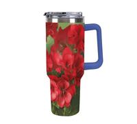 40 Oz Insulated Water Bottle with Handle, Red Geraniums Printed Double Wall Travel Reusable Thermos, Leak-Proof Cup, Keeps Water Hot Or Cold
