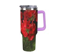 40 Oz Insulated Water Bottle with Handle, Red Geraniums1 Printed Double Wall Travel Reusable Thermos, Leak-Proof Cup, Keeps Water Hot Or Cold