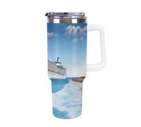 40 Oz Insulated Water Bottle with Handle, Seaside Cruise Ship Printed Double Wall Travel Reusable Thermos, Leak-Proof Cup, Keeps Water Hot Or Cold