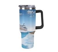 40 Oz Insulated Water Bottle with Handle, Seaside Cruise Ship Printed Double Wall Travel Reusable Thermos, Leak-Proof Cup, Keeps Water Hot Or Cold