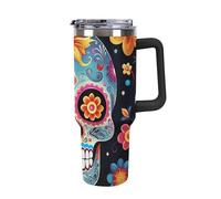 40 Oz Insulated Water Bottle with Handle, Sugar Skulls Printed Double Wall Travel Reusable Thermos, Leak-Proof Cup, Keeps Water Hot Or Cold
