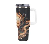 40 Oz Stainless Steel Insulated Water Bottle Chinese Dragon Print Flip Straw Travel Coffee Mug Leak-Proof Car Cup with Lid and Straw