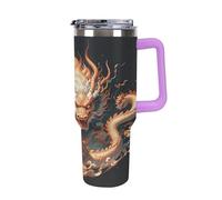 40 Oz Stainless Steel Insulated Water Bottle Chinese Dragon Print Flip Straw Travel Coffee Mug Leak-Proof Car Cup with Lid and Straw