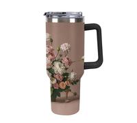 40 Oz Stainless Steel Insulated Water Bottle Deluxe Flowers Print Flip Straw Travel Coffee Mug Leak-Proof Car Cup with Lid and Straw
