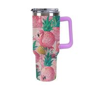 40 Oz Stainless Steel Insulated Water Bottle Pink Flamingo Pineapples Print Flip Straw Travel Coffee Mug Leak-Proof Car Cup with Lid and Straw
