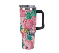 40 Oz Stainless Steel Insulated Water Bottle Pink Flamingo Pineapples Print Flip Straw Travel Coffee Mug Leak-Proof Car Cup with Lid and Straw