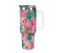 40 Oz Stainless Steel Insulated Water Bottle Pink Flamingo Pineapples Print Flip Straw Travel Coffee Mug Leak-Proof Car Cup with Lid and Straw