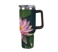 40 Oz Stainless Steel Insulated Water Bottle Pink Water Lily Print Flip Straw Travel Coffee Mug Leak-Proof Car Cup with Lid and Straw
