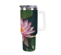 40 Oz Stainless Steel Insulated Water Bottle Pink Water Lily Print Flip Straw Travel Coffee Mug Leak-Proof Car Cup with Lid and Straw