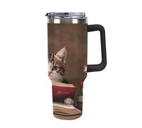 40 Oz Stainless Steel Insulated Water Bottle Reading Kitten Print Flip Straw Travel Coffee Mug Leak-Proof Car Cup with Lid and Straw