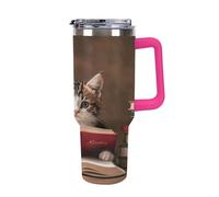 40 Oz Stainless Steel Insulated Water Bottle Reading Kitten Print Flip Straw Travel Coffee Mug Leak-Proof Car Cup with Lid and Straw