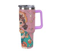 40 Oz Stainless Steel Insulated Water Bottle Retro Cute Style Print Flip Straw Travel Coffee Mug Leak-Proof Car Cup with Lid and Straw