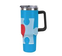 40 OZ Steel Vacuum Insulated Tumbler with Lid and Straw for Water, Iced Tea or Coffee, Smoothie and More Black Handle Blue Puzzle Love Heart Pattern