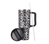 40 oz Thermal Mug with Straw and Handle, 1180 ml Double-Walled Stainless Steel Hot Cold Drinks Vacuum Drinking Cup, Coffee Mug for Home Travel (Leopard Print Black, Millilitres, 1180 ml)