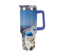 40 Oz Tumbler Deep Blue with Handle, Stainless Steel Vacuum Insulated Tumbler with Straw Lid, Large Capacity Santorini Greek Island Sea View Car Cup for Home, Travel, Camping, Shopping, Sports