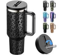 40 oz Tumbler with Handle and Flip Straw Lid - Upgraded Greatyos Insulated Traveler Tumblers with Lids Straws Vacuum Leak Proof Stainless Steel 40oz Cup Mug Gifts for Men Women Him Her (Black Leopard)