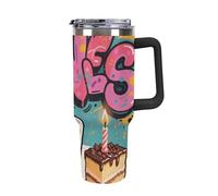 40 Oz Tumbler with Handle And Straw - Doodle Style Coffee Cake Insulated Stainless Steel Water Bottle, Leak-Proof Double Wall Vacuum Thermal Cup, Car Cup Holder Friendly, BPA-Free Travel Mug