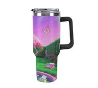 40 Oz Tumbler with Handle And Straw Neon Flamingo Pattern Leak Resistant Tumblers Reusable Stainless Steel Travel Mug Fits in Cup Holder Vacuum Insulated Water Bottle for Women Men