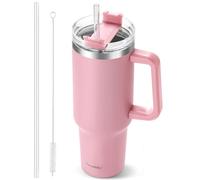 40 oz Tumbler with Handle and Straw, Pink Insulated Travel Mug Iced Coffee Cup, Reusable Stainless Steel Insulated Water Bottle, Keeps Drinks Cold for 34 Hours, Women Christmas Gifts for Mom Grandma