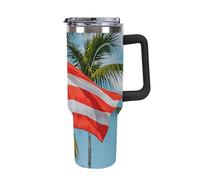40 Oz Tumbler with Handle And Straw Puerto Rico Flags Frog Palm Trees Leak Resistant Tumblers Reusable Stainless Steel Travel Mug Fits in Cup Holder Vacuum Insulated Water Bottle for Women Men