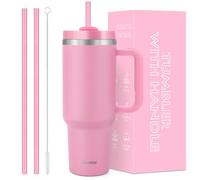 40 oz Tumbler with Handle and Straw, Vacuum Insulated Stainless Steel Double Wall Water Bottle Travel Mug - Holiday Gifts for Women Men - Peony Pink