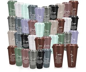 40 Pack Christian Coffee Cups with Lids, 470ml Reusable Plastic Tumblers with Double Sided Bible Verses, Bulk Religious Gifts for Women Men, Church, Christening & Sunday School (Morandi Colours)