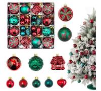 40 Pack Christmas Baubles, Large Baubles 6cm/2.4", Xmas Tree Decorations, Red & Green Christmas Tree Decorations,Xmas Balls Assorted Shapes (Spheres, Hearts, Houses) with Glitter Finish Boxed Set