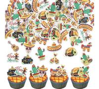 40 Pack Edible Fiesta Cupcake Toppers Water Paper Cactus Donkey Maraca Sombrero Pepper Guitar Cupcake Picks for Mexican Fiesta Theme Baby Shower Birthday Party Cake Decorations Supplies