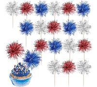 40 Pack Foil Frill Firework Cupcake Toppers Sparkle Tinsel Happy Birthday Holiday Cupcake Picks Drink Stirrers Cocktail Food Fruit Toothpicks for Birthday Cake Decorations Red Silver Blue
