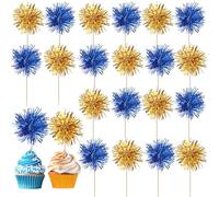 40 Pack Foil Frill Firework Cupcake Toppers Sparkle Tinsel Happy Birthday Holiday Cupcake Picks Drink Stirrers Cocktail Food Fruit Toothpicks for Birthday Cake Decorations Party Gold Blue