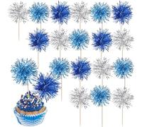 40 Pack Foil Frill Firework Cupcake Toppers Sparkle Tinsel Happy Birthday Holiday Cupcake Picks Drink Stirrers Cocktail Food Fruit Toothpicks for Birthday Cake Decorations Party Blue Silver