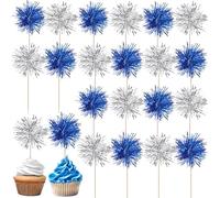 40 Pack Foil Frill Firework Cupcake Toppers Sparkle Tinsel Happy Birthday Holiday Cupcake Picks Drink Stirrers Cocktail Food Fruit Toothpicks for Birthday Cake Decorations Party Silver Blue