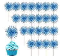 40 Pack Foil Frill Firework Cupcake Toppers Sparkle Tinsel Happy Birthday Holiday Cupcake Picks Drink Stirrers Cocktail Food Fruit Toothpicks for Birthday Cake Decorations Party Blue