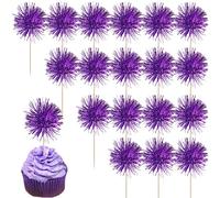 40 Pack Foil Frill Firework Cupcake Toppers Sparkle Tinsel Happy Birthday Holiday Cupcake Picks Drink Stirrers Cocktail Food Fruit Toothpicks for Birthday Cake Decorations Party Purple