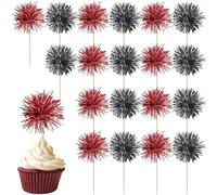 40 Pack Foil Frill Firework Cupcake Toppers Sparkle Tinsel Happy Birthday Holiday Cupcake Picks Drink Stirrers Cocktail Food Fruit Toothpicks for Birthday Cake Decorations Party Black Red