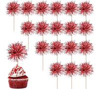 40 Pack Foil Frill Firework Cupcake Toppers Sparkle Tinsel Happy Birthday Holiday Cupcake Picks Drink Stirrers Cocktail Food Fruit Toothpicks for Birthday Cake Decorations Party Red