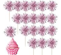 40 Pack Foil Frill Firework Cupcake Toppers Sparkle Tinsel Happy Birthday Holiday Cupcake Picks Drink Stirrers Cocktail Food Fruit Toothpicks for Birthday Cake Decorations Party Pink