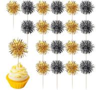 40 Pack Foil Frill Firework Cupcake Toppers Sparkle Tinsel Happy Birthday Holiday Cupcake Picks Drink Stirrers Cocktail Food Fruit Toothpicks for Birthday Cake Decorations Party Black Gold