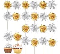 40 Pack Foil Frill Firework Cupcake Toppers Sparkle Tinsel Happy Birthday Holiday Cupcake Picks Drink Stirrers Cocktail Food Fruit Toothpicks for Birthday Cake Decorations Party Gold Silver