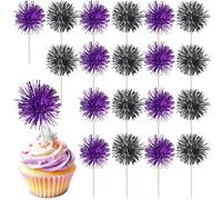 40 Pack Foil Frill Firework Cupcake Toppers Sparkle Tinsel Happy Birthday Holiday Cupcake Picks Drink Stirrers Cocktail Food Fruit Toothpicks for Birthday Cake Decorations Party Black Purple