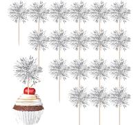 40 Pack Foil Frill Firework Cupcake Toppers Sparkle Tinsel Happy Birthday Holiday Cupcake Picks Drink Stirrers Cocktail Food Fruit Toothpicks for Birthday Cake Decorations Party Silver