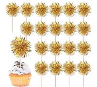 40 Pack Foil Frill Firework Cupcake Toppers Sparkle Tinsel Happy Birthday Holiday Cupcake Picks Drink Stirrers Cocktail Food Fruit Toothpicks for Birthday Cake Decorations Party Gold