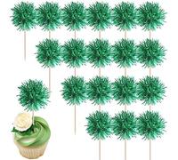 40 Pack Foil Frill Firework Cupcake Toppers Sparkle Tinsel Happy Birthday Holiday Cupcake Picks Drink Stirrers Cocktail Food Fruit Toothpicks for Birthday Cake Decorations Party Green