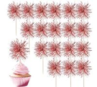 40 Pack Foil Frill Firework Cupcake Toppers Sparkle Tinsel Happy Birthday Holiday Cupcake Picks Drink Stirrers Cocktail Food Fruit Toothpicks for Birthday Cake Decorations Party Rose Gold